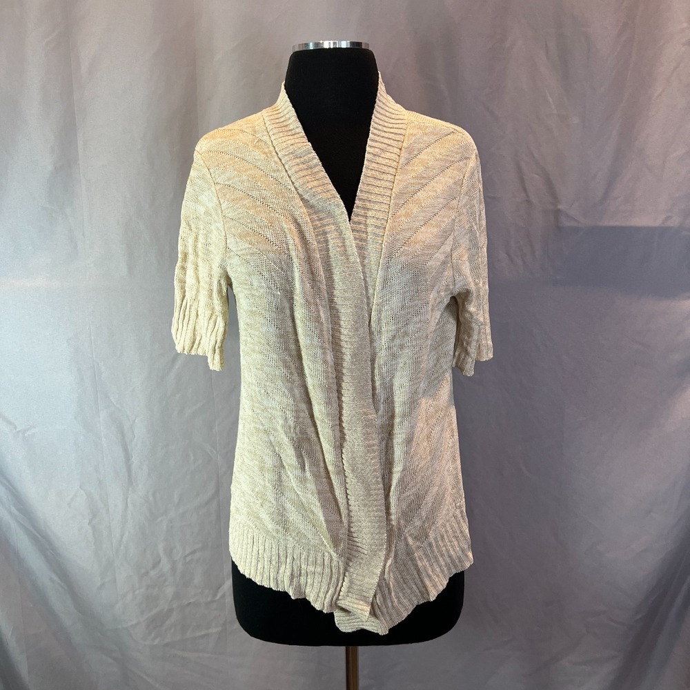 Vintage Two-one-two Cardigan Sweater Womens Medium Beige Open Front Ribbed Trim